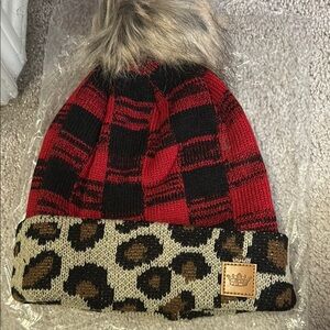 Red and Black Plaid Beanie with Leopard Print Cuff